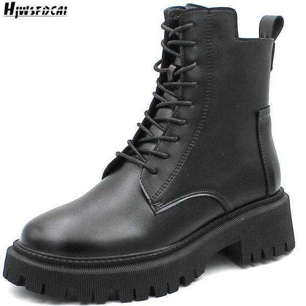 

boots hjwsfdcai women punkÂ style thick-soled leather side zipper round toe lace-up fashion ladies ankle outdoor mujer shoe, Black