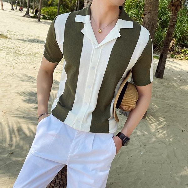 

men's polos summer knitted shirts men short sleeve lapel tee fashion striped business casual streetwear male clothing, White;black