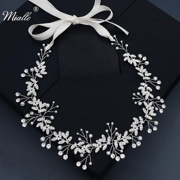 

miallo bridal wedding headband pearl leaf rhinestone hair accessories for women jewelry bride headpiece bridesmaid gift clips & barrettes, Golden;silver