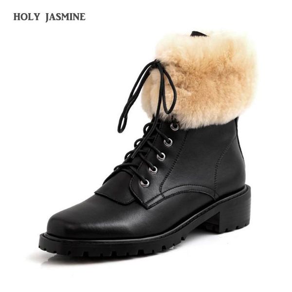 

boots genuine leather fashion women 2021 autumn winter lambswool lace-up round toe ankle for med(3cm-5cm) rubber, Black
