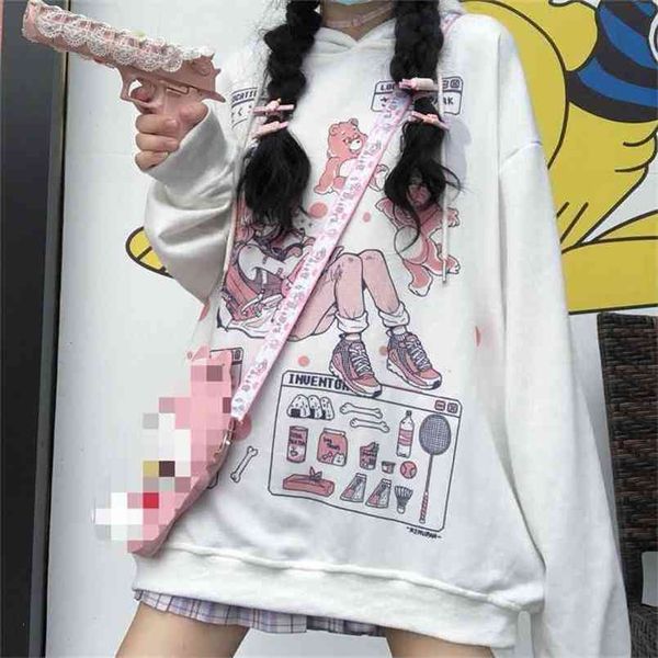 Qweek Kawaii аниме толстовки для подростков девушки милый медведь печать толстовка женщины с длинным рукавом капюшон корейская мода e girl pullover 210809