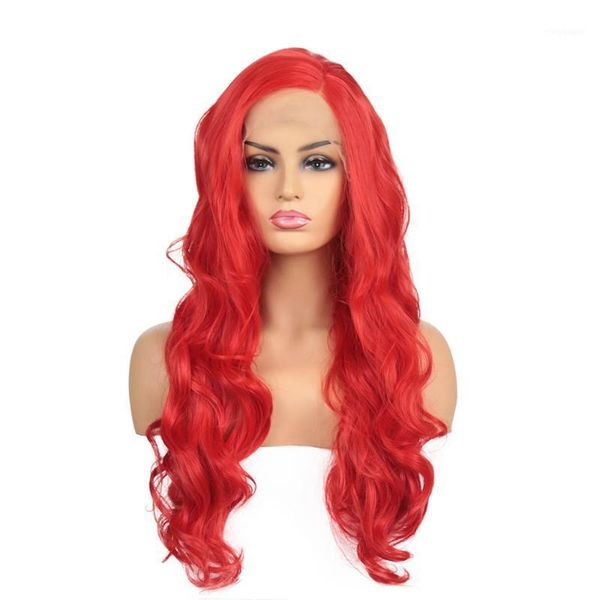 

red long body wave side part wig synthetic lace front wigs for women half hand tied glueless daily wear ladies wigs1, Black
