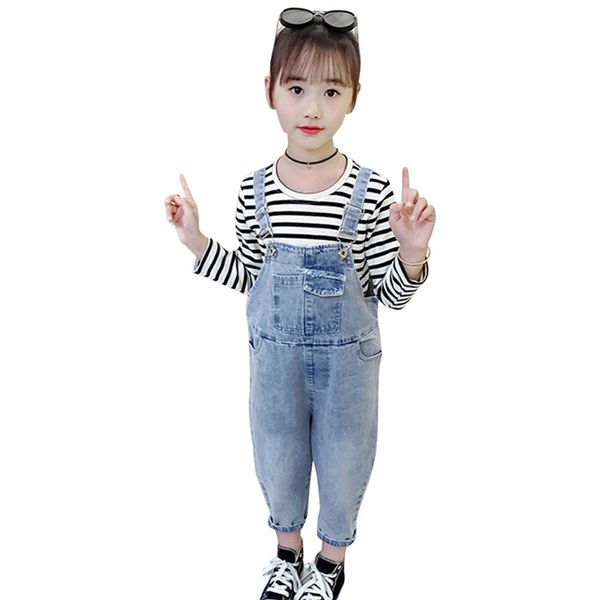 

girls clothes striped tshirt + jumpsuit long sleeve outfit spring autumn kids clothing 6 8 10 12 14 210527, White