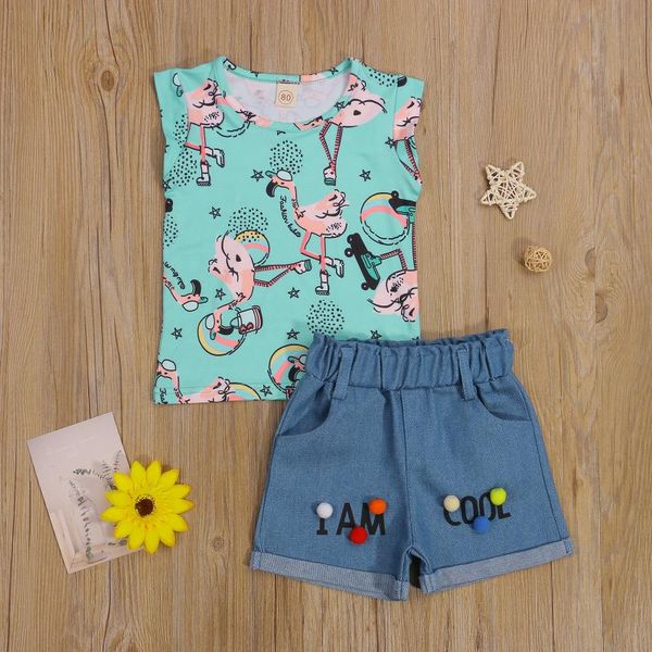 

clothing sets emmbaby baby girl summer clothes cartoon printed sleeveless vest denim curly edge loose short pant outfits, White