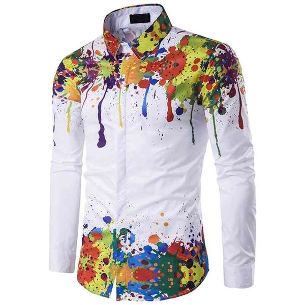 

fashion 3d splash paint print slim fit shirts mens luxury long sleeve casual dress -3xl 210809, White;black