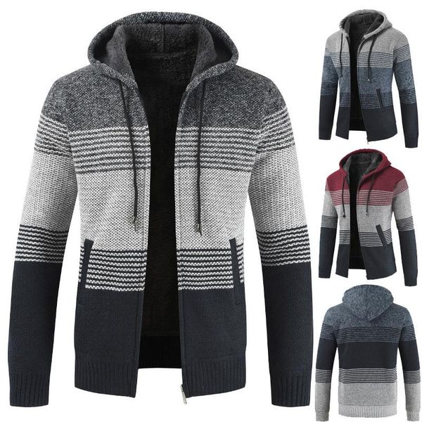 

men's sweaters 2021 liner zipper fleece coats men sweater coat warm winter hooded cardigan jumpers striped cashmere casual korean cloth, White;black