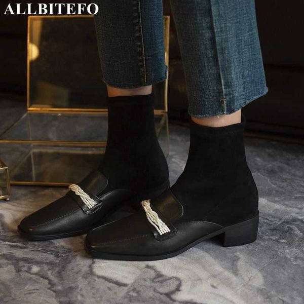 ALLBITEFO punta quadrata in vera pelle di marca tacchi alti stivaletti per le donne tacchi spessi ufficio scarpe da donna stivali da donna 210611