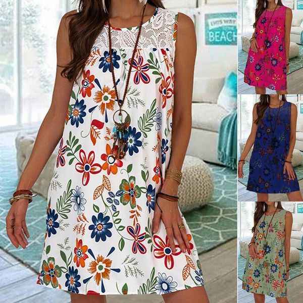 

casual dresses spring / summer 2021 sleeveless head flower print lace splicing crew neck vest dress, Black;gray