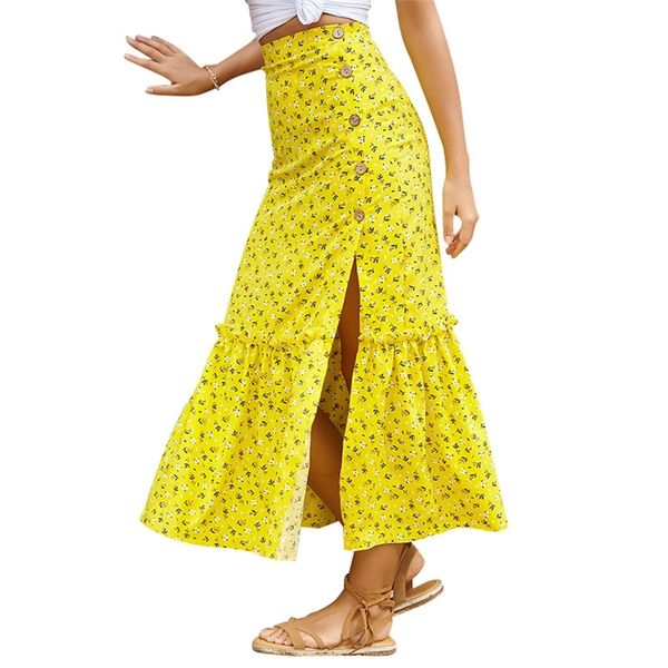 

casual midi skirt women summer women's long button bag hip skirt all-match high waist side slit womens 210508, Black