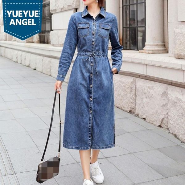 

casual dresses denim midi dress female spring autumn long sleeve jean shirts vintage high waist office lady a-line s-2xl, Black;gray