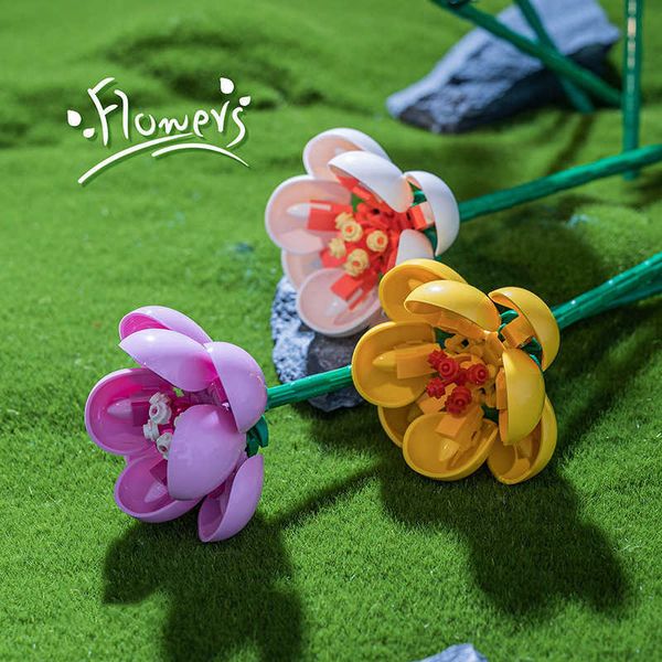 Bouquet Buquet de construção menina brinquedo tulipa crisântemo montular montagem casa decoração flor planta brinquedo brinquedo tijolo crianças presente q0823