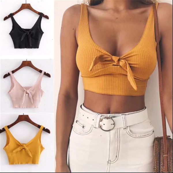 

ribbed bow womens tank tie camisole women summer basic crop streetwear fashion girls cropped tees camis wholesale, White
