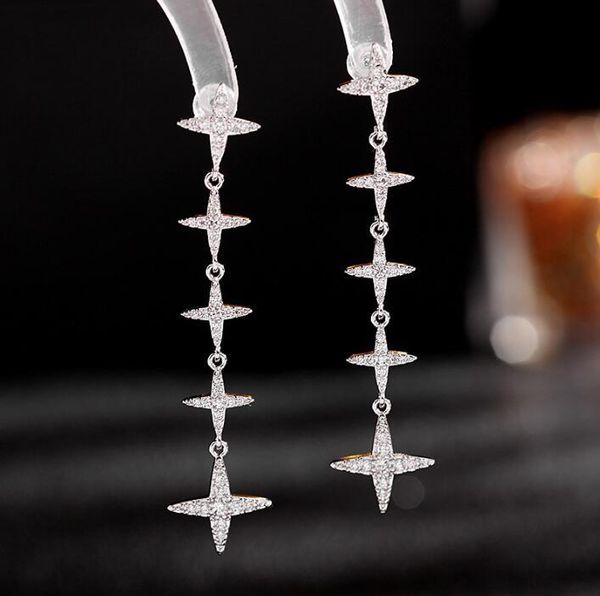 

dangle & chandelier summer style simple elegant women extra long star earrings korean six-pointed shiny rhinestone tender ladies jewelry, Silver