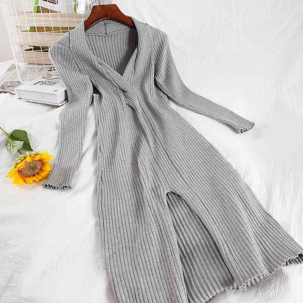 

women slim bottomed knitted split long dress sleeve v-neck high waist buttocks fashion spring summer mz990 210525, Black;gray