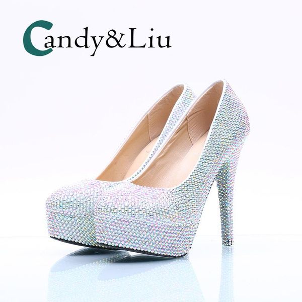 

dress shoes silver ab colorful crystal wedding round toe super high heel large size women pumps with platform for party banquet, Black