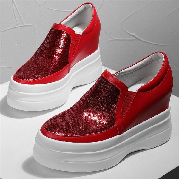 

boots 10cm high heel creepers women genuine leather wedges ankle female shiny glitter platform fashion sneakers casual shoes, Black