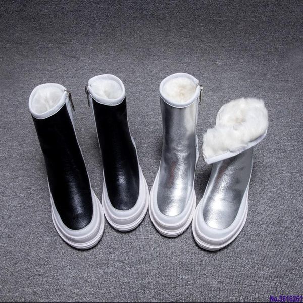 

boots women's winter shoes thick sole plaforms ankle boot round toe plush warm cotton shoe side zip silver black