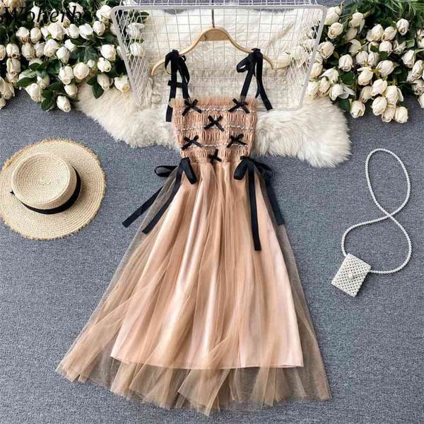 

sweet dress female summer strap beading lace-up bow slim waist a-line dresses chic elegant ruffle gauze party 210519, Black;gray