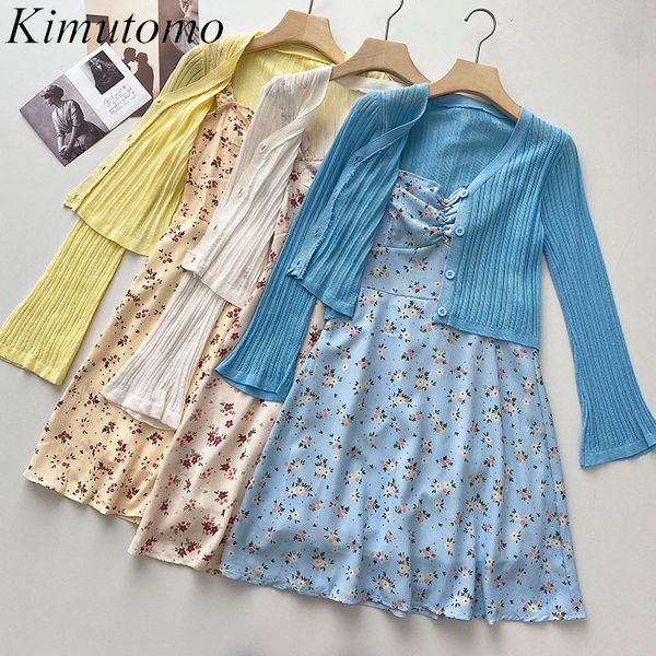 Kimutomo Frauen Anzug Elegante Sommer Koreanische Frische Blume Sling Kleid Dünne Weibliche Lange Hülse Sonnencreme Top Zwei-stück Set 210521