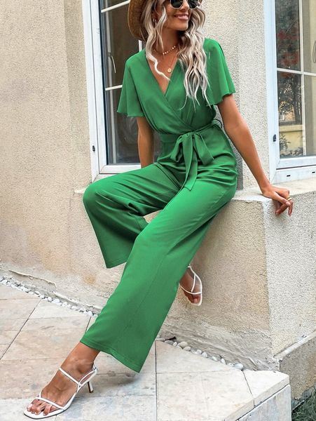 

butterfly sleeve belted wide leg jumpsuit c3cw#, White