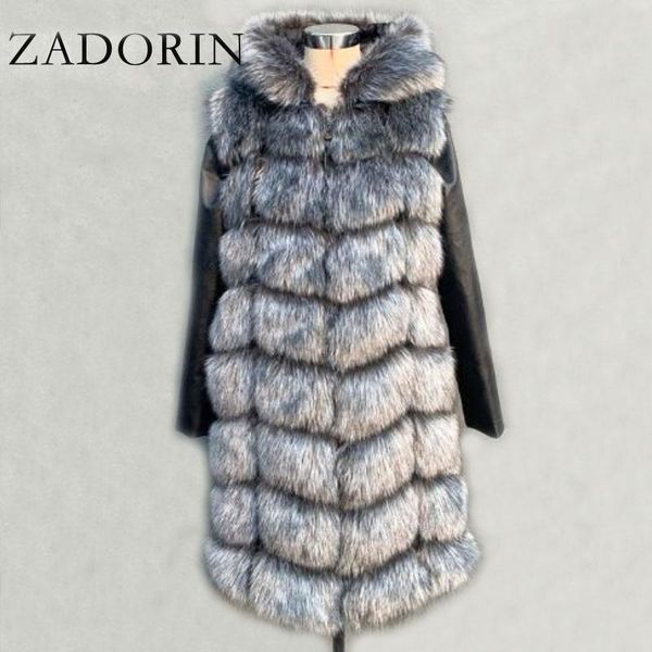 

women's fur & faux zadorin 90cm winter fluffy warm long jacket women plus size leather removable sleeve zipper coat with hooded, Black