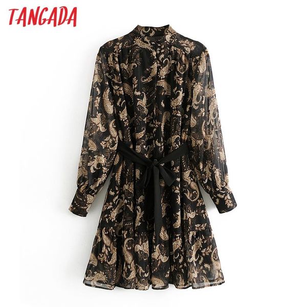 

casual dresses tangada spring fashion women flowers print chiffon dress long sleeve office ladies mini with slash 3a24, Black;gray