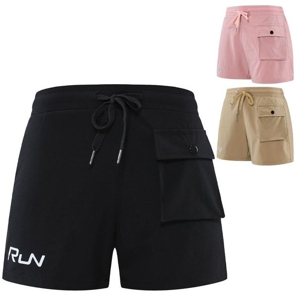 

running shorts women print quick dry big pocket marathon gym drawstring casual outdoor sports short female yoga, Black;blue