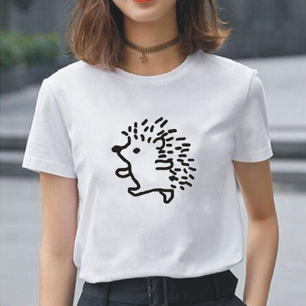 

funny hedgehog print short sleeve tshirt women summer harajuku tee shirt femme korean casual t camisas mujer women's t-shirt, White