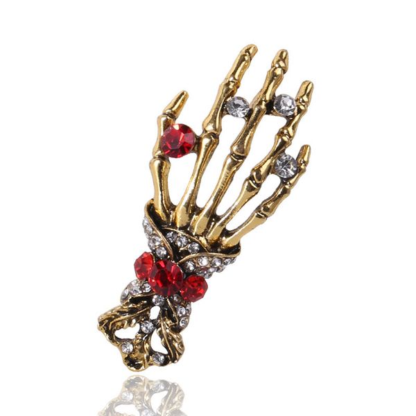 

factory personalized punk style inlaid diamond skeleton hand bone brooch fashion suit collar pin halloween pin christmas