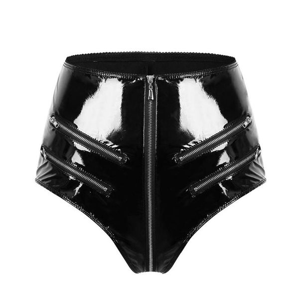 

women's shorts womens wetlook summer pole dance leather high-waisted front zip up booty pants for night cocktail party clubwear, White;black