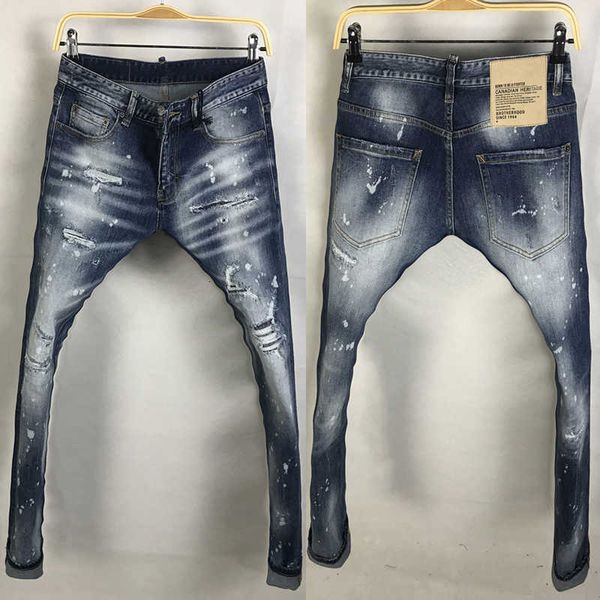 

men's jeans italian vintage fashion retro blue white dirty washed destroyed ripped streetwear hip hop denim punk pants 0ufr