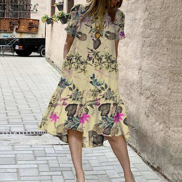 

casual dresses loose robe short sleeve sundress zanzea women ruffle dress 2021 summer floral print mid-calf vestiods female 3yai, Black;gray