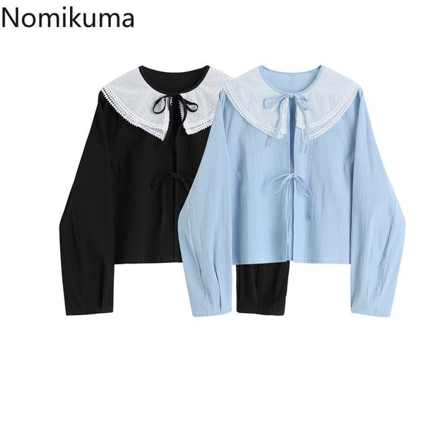 

nomikuma short women sweet blouse bow tie cardigan lace peter pan collar shirt spring new korean blusas mujer 6f567 210427, White