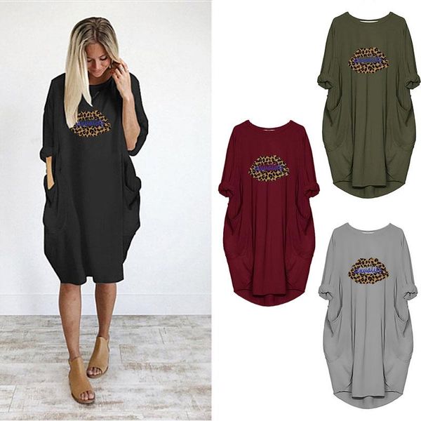 

women leopard print lips dress long sleeve pocket loose spring thin party casual dresses for plus size 5xl, Black;gray