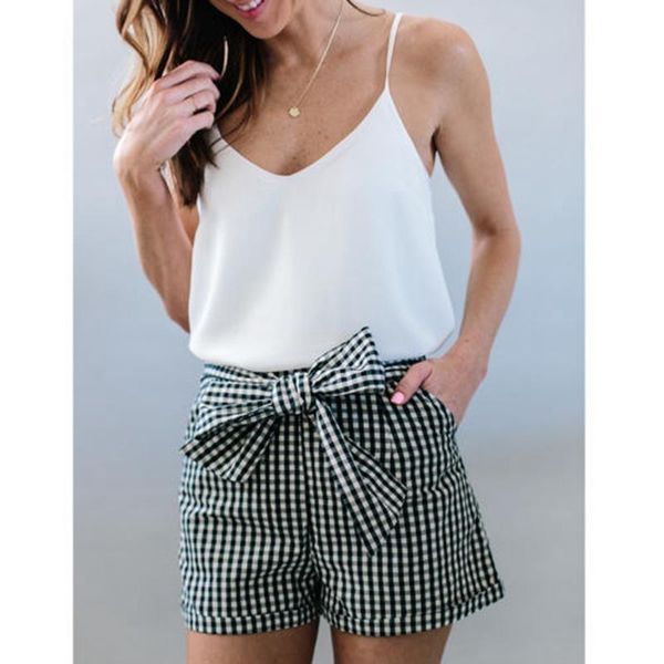 

women's shorts womens high waist tie belt ladies summer trousers, White;black