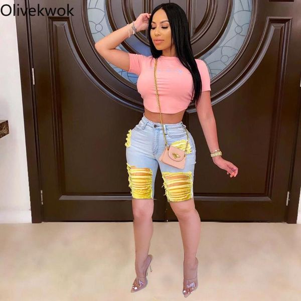

women's jeans olivekwok 2021 summer women pants fashion with holes and tassels knee length for, Blue