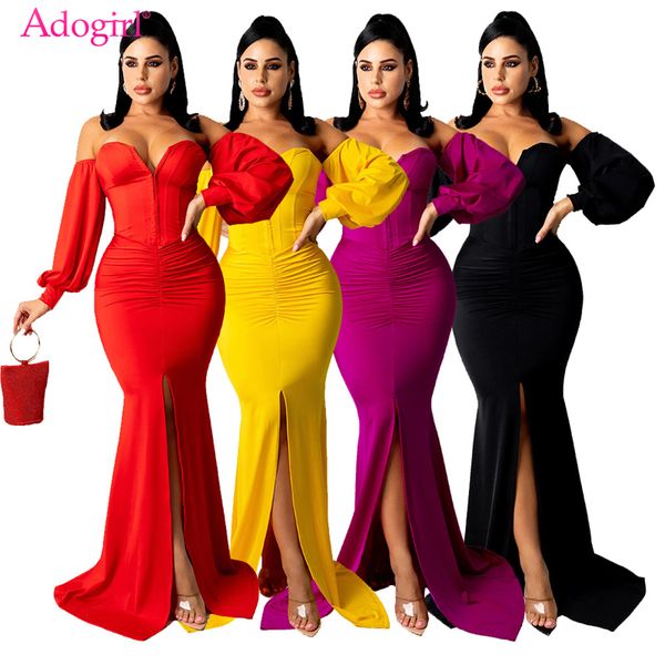 

adogirl solid corset dress elegant strapless off shoulder long lantern sleeve pleated high split bodycon maxi evening party robe, Black;gray