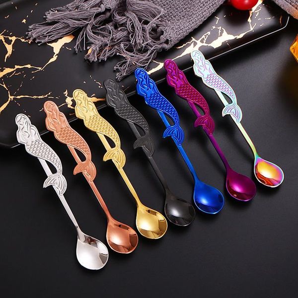 

new colorful mermaid coffee spoon long handle 304 stainless steel coffee spoon ice cream dessert tea spoon kitchen accessories