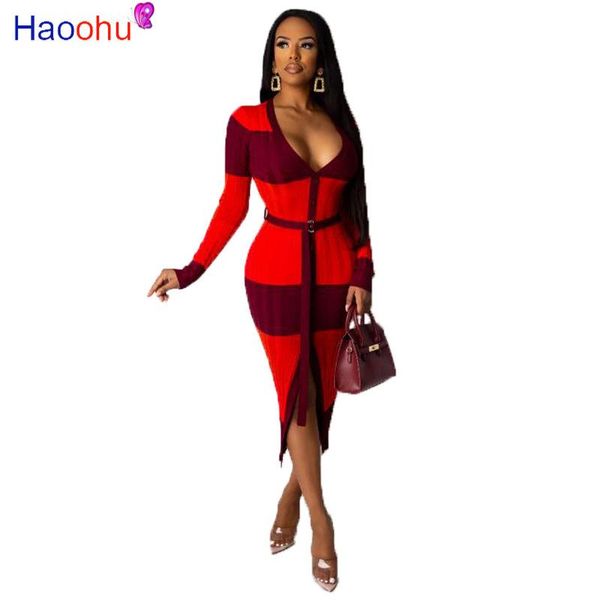 

casual dresses winter women midi dress v-neck full sleeve sweater striped sashes fashion night club party bodycon vestidos, Black;gray