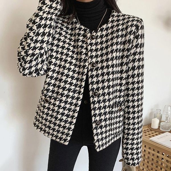 

women's jackets pinkou women elegant tweed jacket houndstooth print long sleeve coat female office wear autumn chic ca60, Black;brown