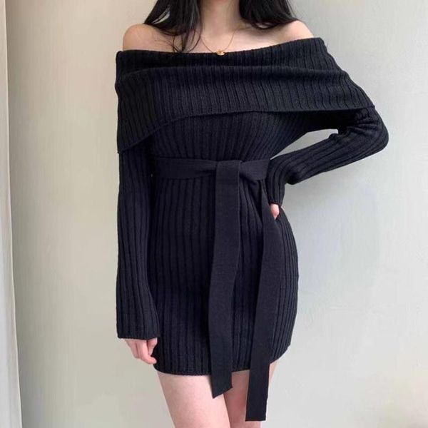 

casual dresses korea chic fold slash neck sweater dress long sleeve mini knitted bandage slim waist women vestidos, Black;gray