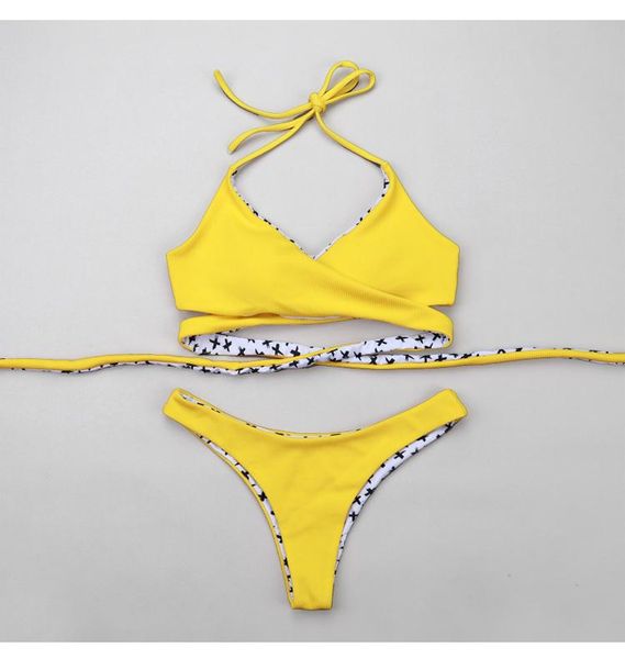 

sport yellow rib knit with low waist thong bottoms bikini set women summer beach lace up criss cross swimsuit biquni women's swimwe, White;black
