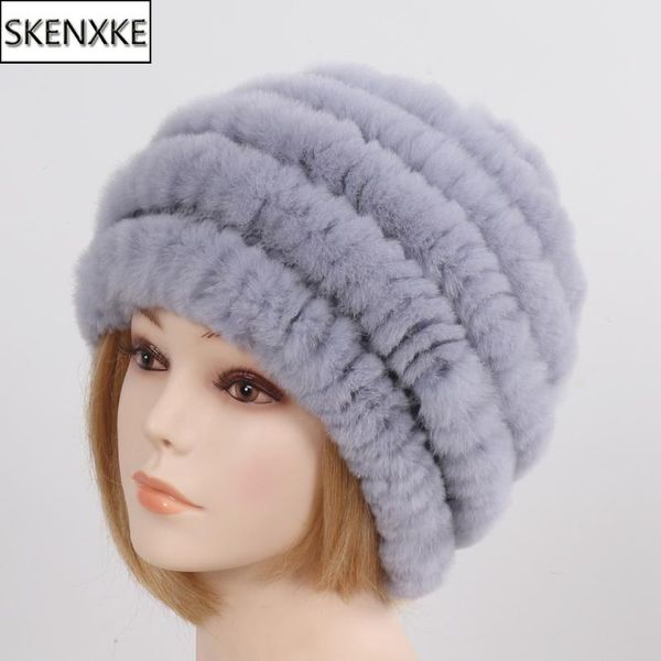 

berets 2021 russia winter real fur hat women knitted rex bomber hats lady natural warm 100% genuine cap, Blue;gray