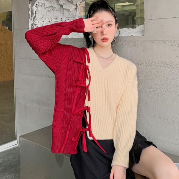 

women's sweaters the early autumn 2021 loose languid is lazy wind belt design feeling small set of female head red sweater coat, White;black