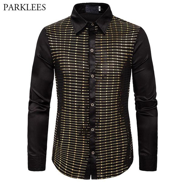 

men's casual shirts sequins silk satin plaid 2021 nightclub party show stage wedding bar host slim fit lapel long-sleeved shirt, White;black