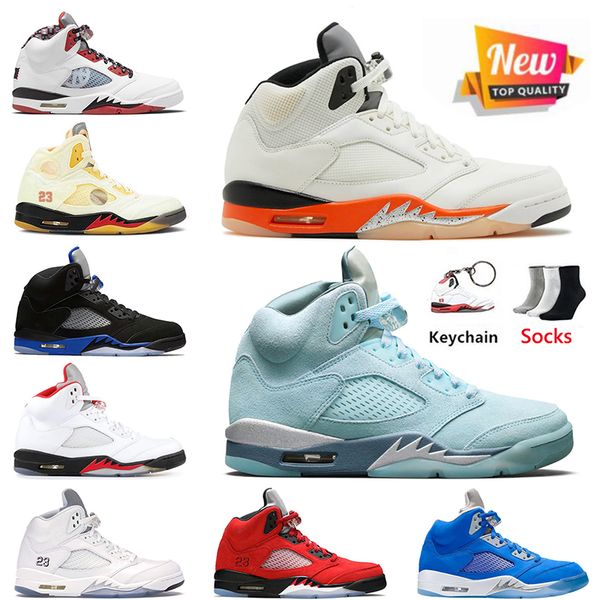 

keychain&socks jumpman 5 5s mens raging bull basketball shoes trainers racer blue 2021 fire red metallic white black muslin off sail sports, White;red