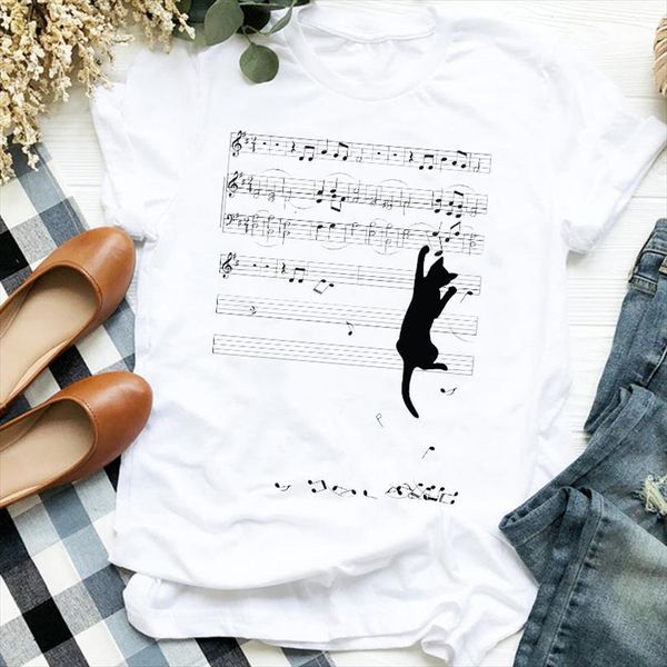 

music sheet cat print men t shirts and womens women short sleeve o neck loose tee female clothes camisetas mujer, White;black
