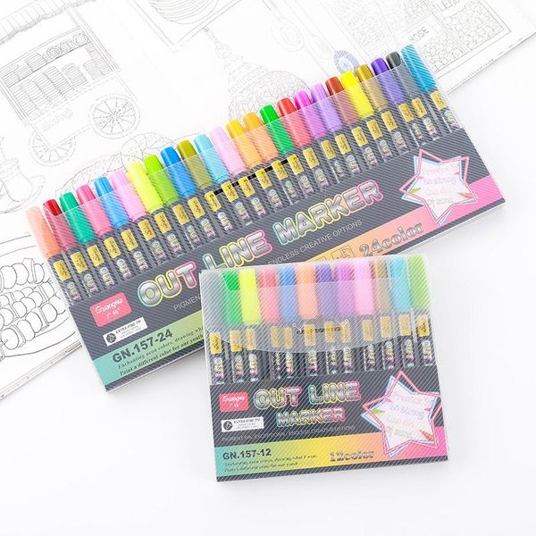 

gift sets 24 colors double line outline pens diy color hand-painted graffiti art markers glitter primary school student stationery