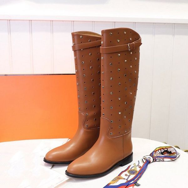 

winter lady knee high boots cowhide leather fashion women knight booties slip-on flat heel classic designer long bottes, Black
