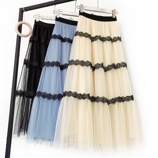 

skirts ohryiyie spring summer lace patchwork skirt women 2021 high waist sweet tulle lady long tutu jupe longue femme, Black